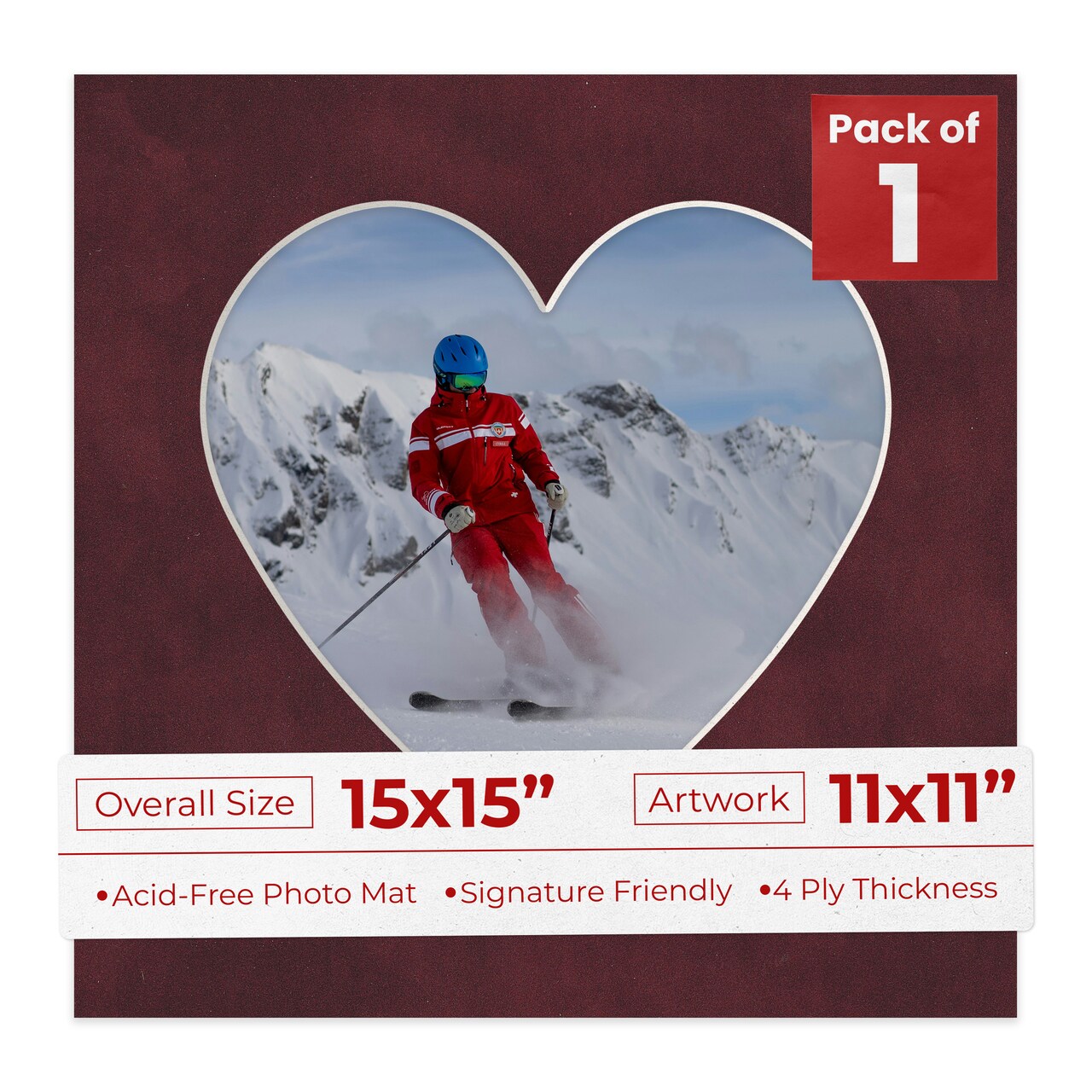 Dark Red Suede Mat Board for 15x15 Frames - Heart Opening for 11x11 Photos